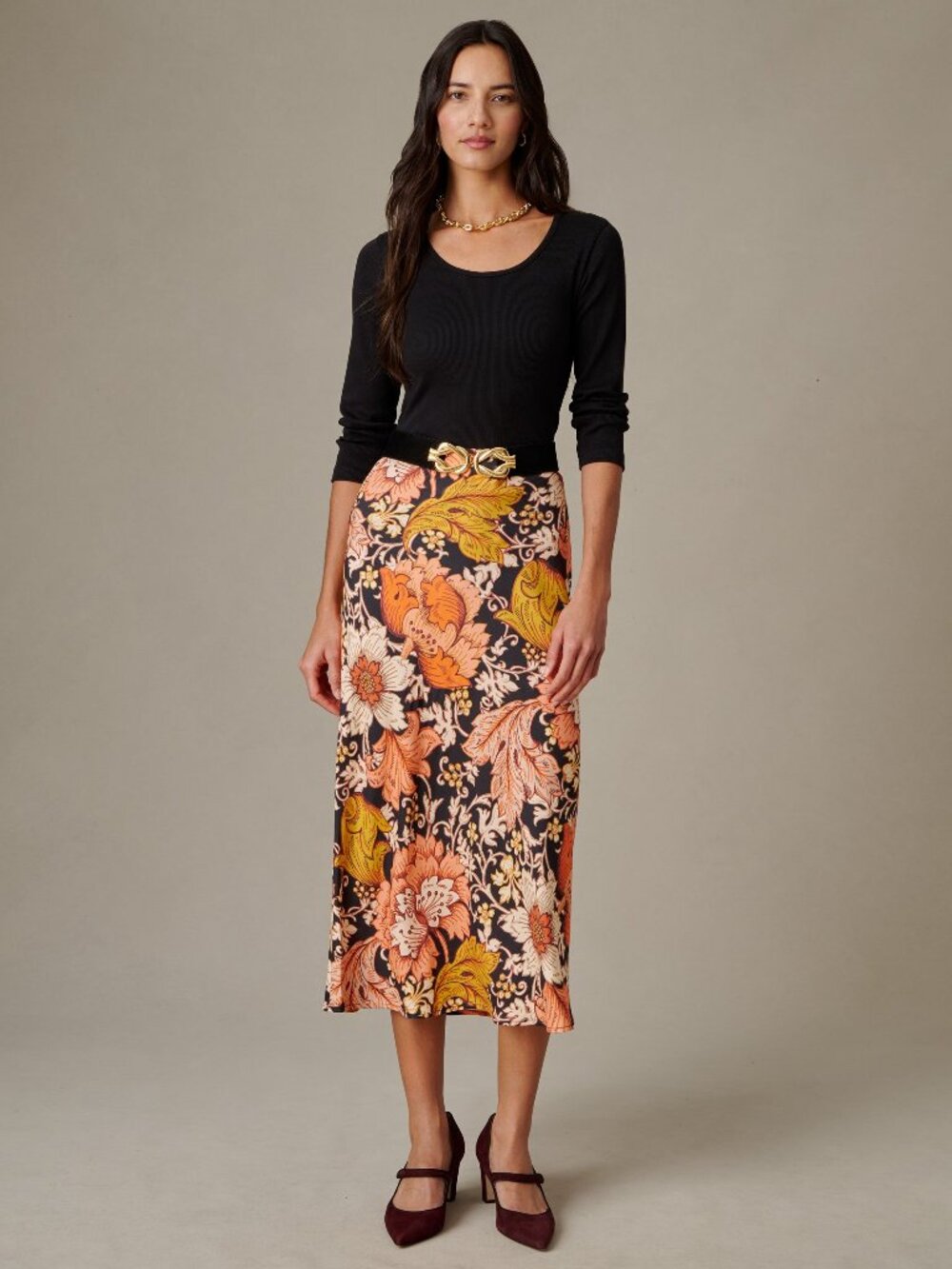 J McLaughlin Adelyn Silk Blend Skirt in City Garden Bias - Black/Coral NEW